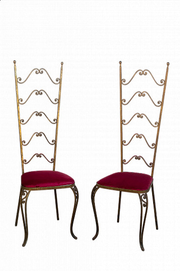 Pair of Chiavarine chairs in wrought iron, gold leaf and red velvet by Pierluigi Colli, 1960s