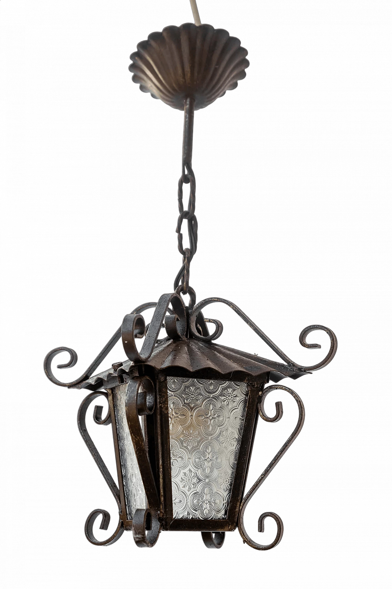 Lampada a lanterna in ferro battuto e vetro bugnato, anni '60 6