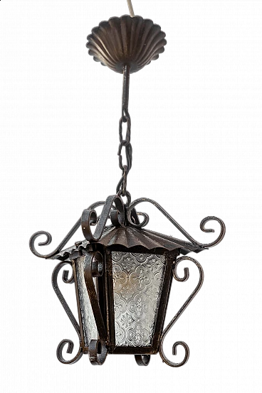 Lampada a lanterna in ferro battuto e vetro bugnato, anni '60