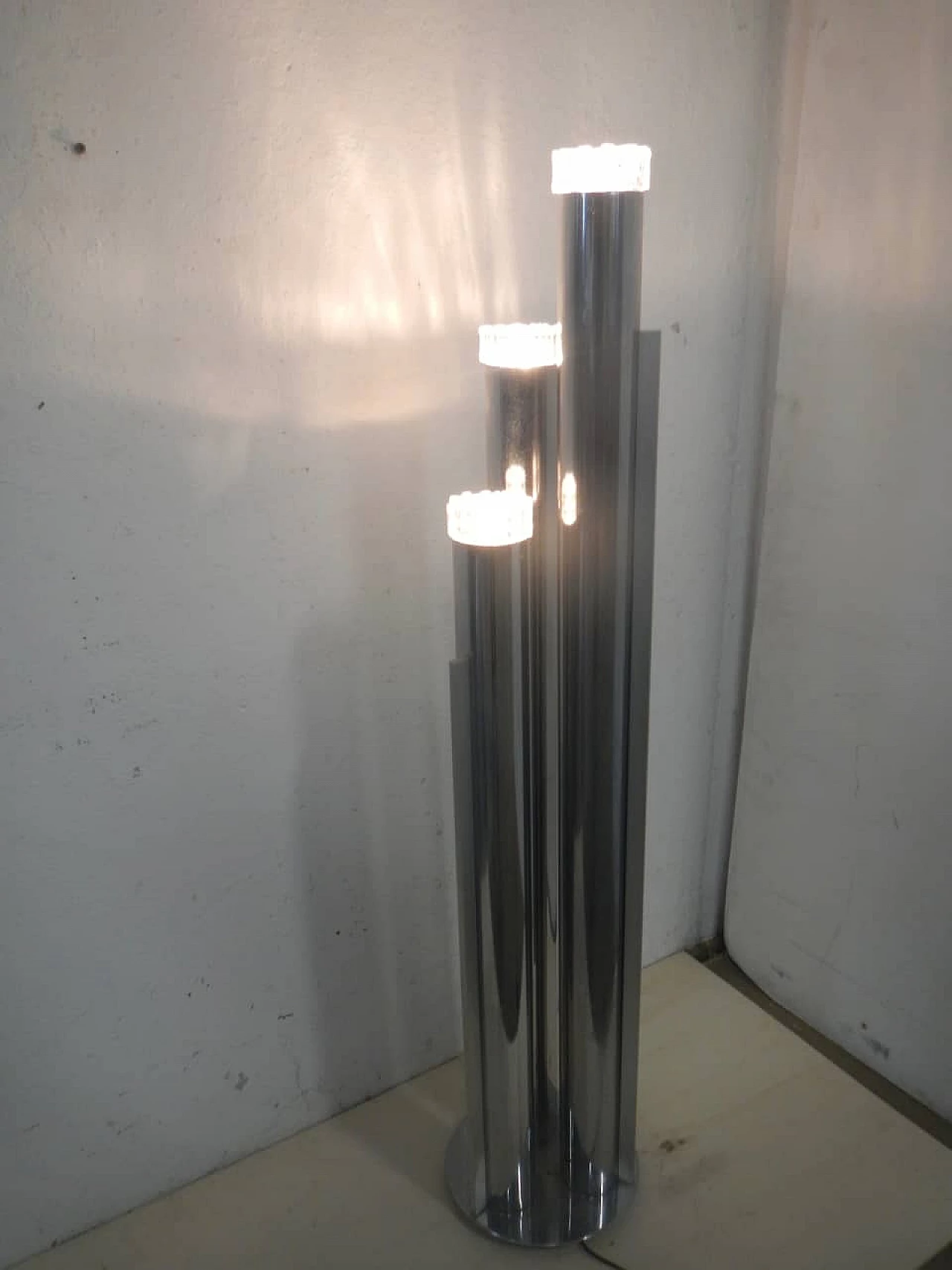 Three-light metal and glass floor lamp, 1970s 11