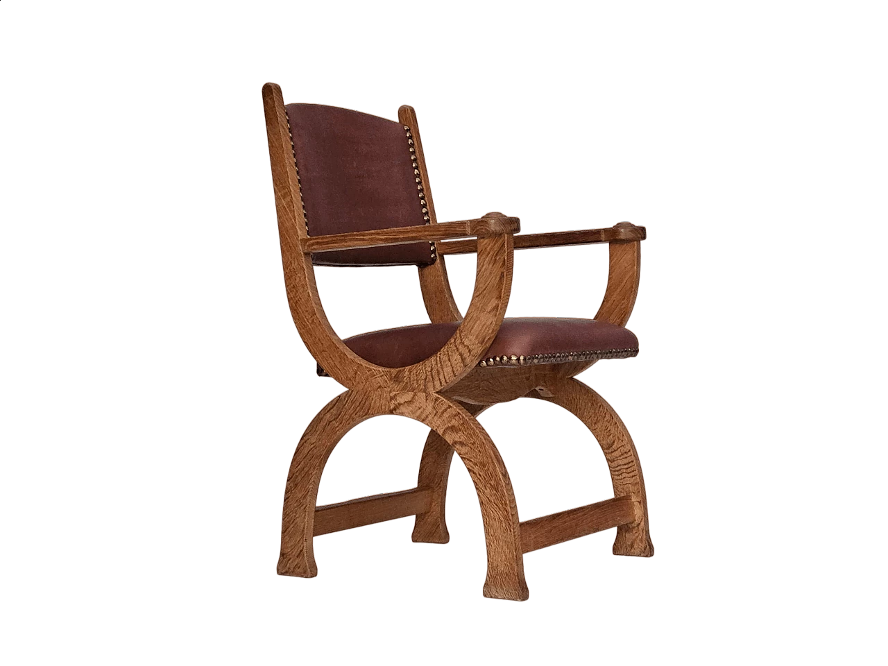 Danish armchair in natural brown leather and oak, 1950s 16