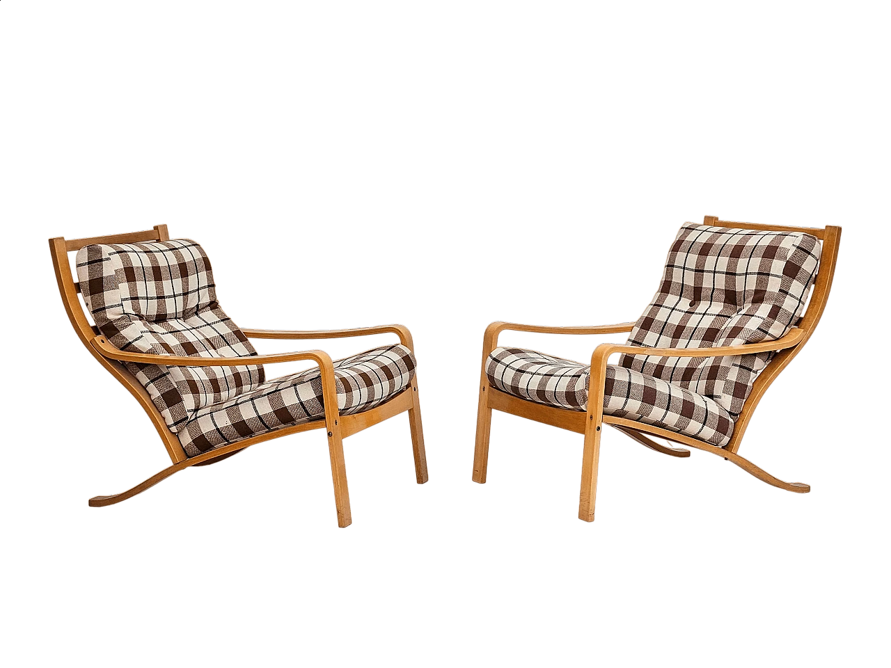Pair of Danish wool and bentwood lounge chairs, 1970s 15