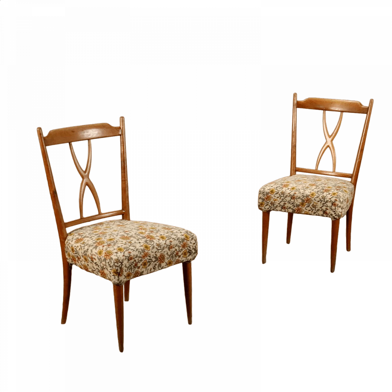 Coppia di sedie in faggio con seduta imbottita rivestita in tessuto a fiori, anni '60 8
