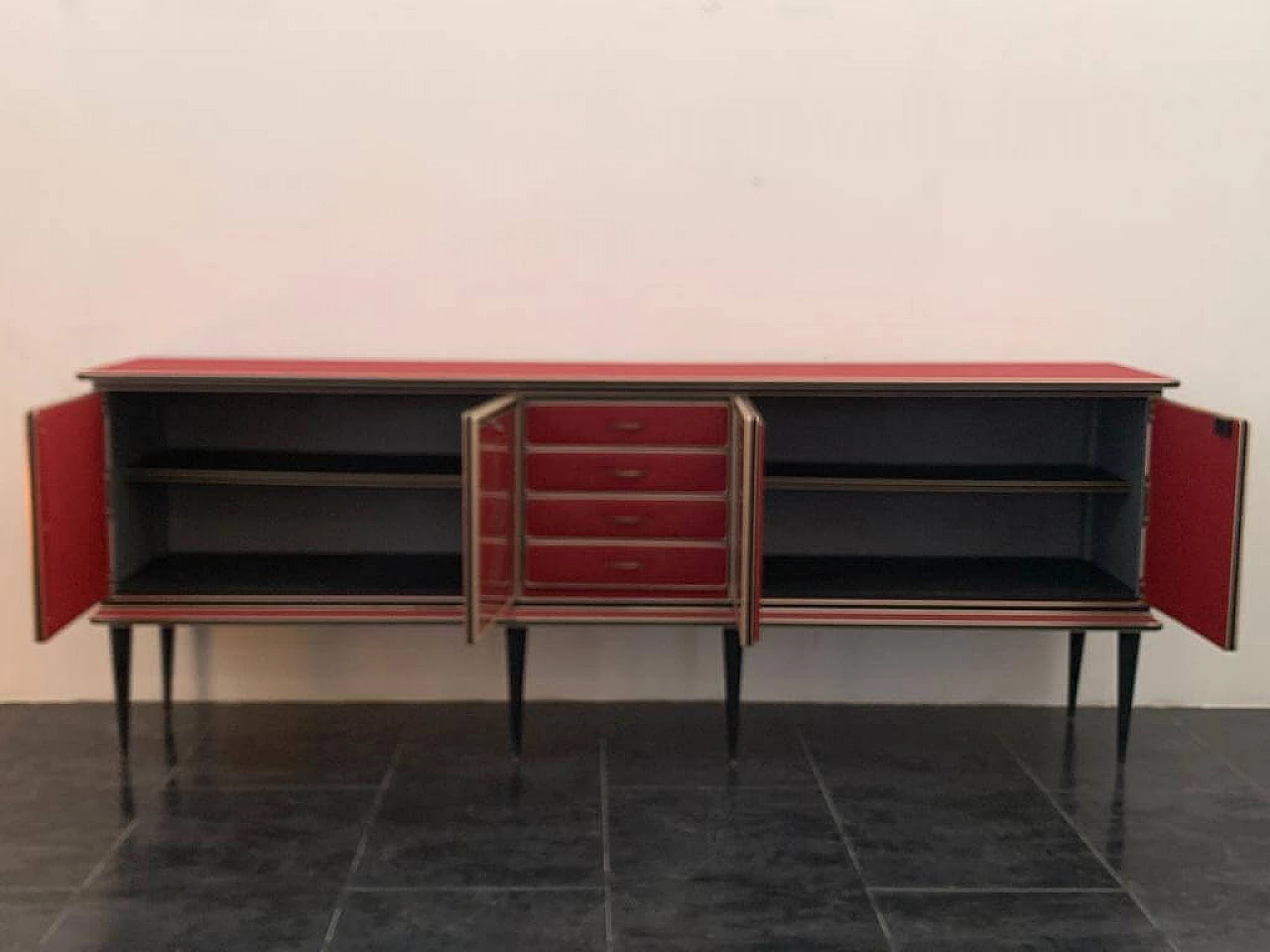Leatherette, metal and glass sideboard by Umberto Mascagni, 1950s 14