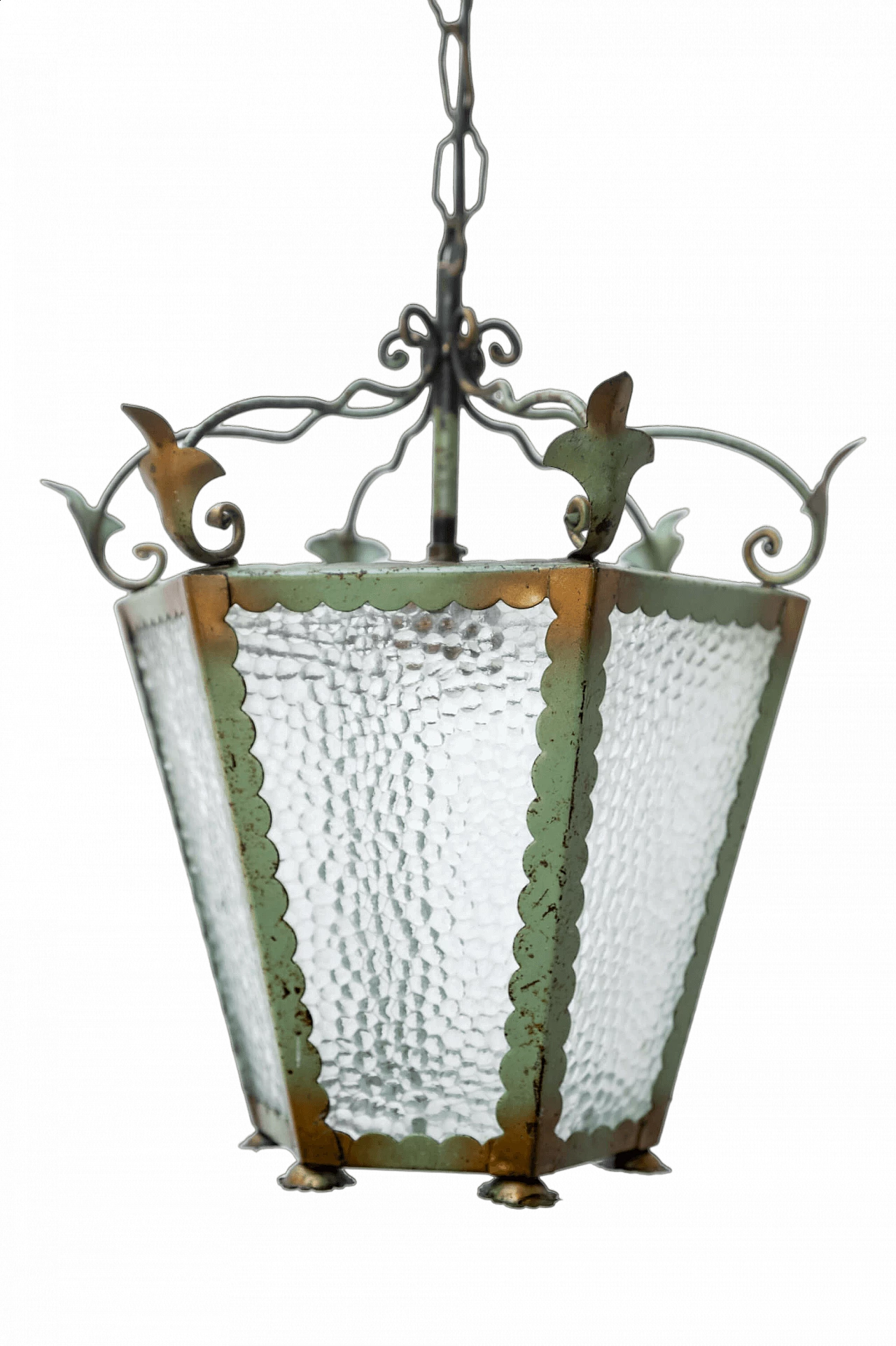 Wrought iron and embossed glass chandelier, 1950s 7