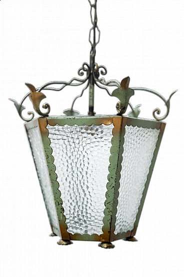 Wrought iron and embossed glass chandelier, 1950s