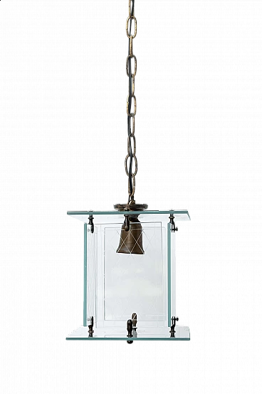 Lampadario in ottone e vetro decorato a rombi, anni '50