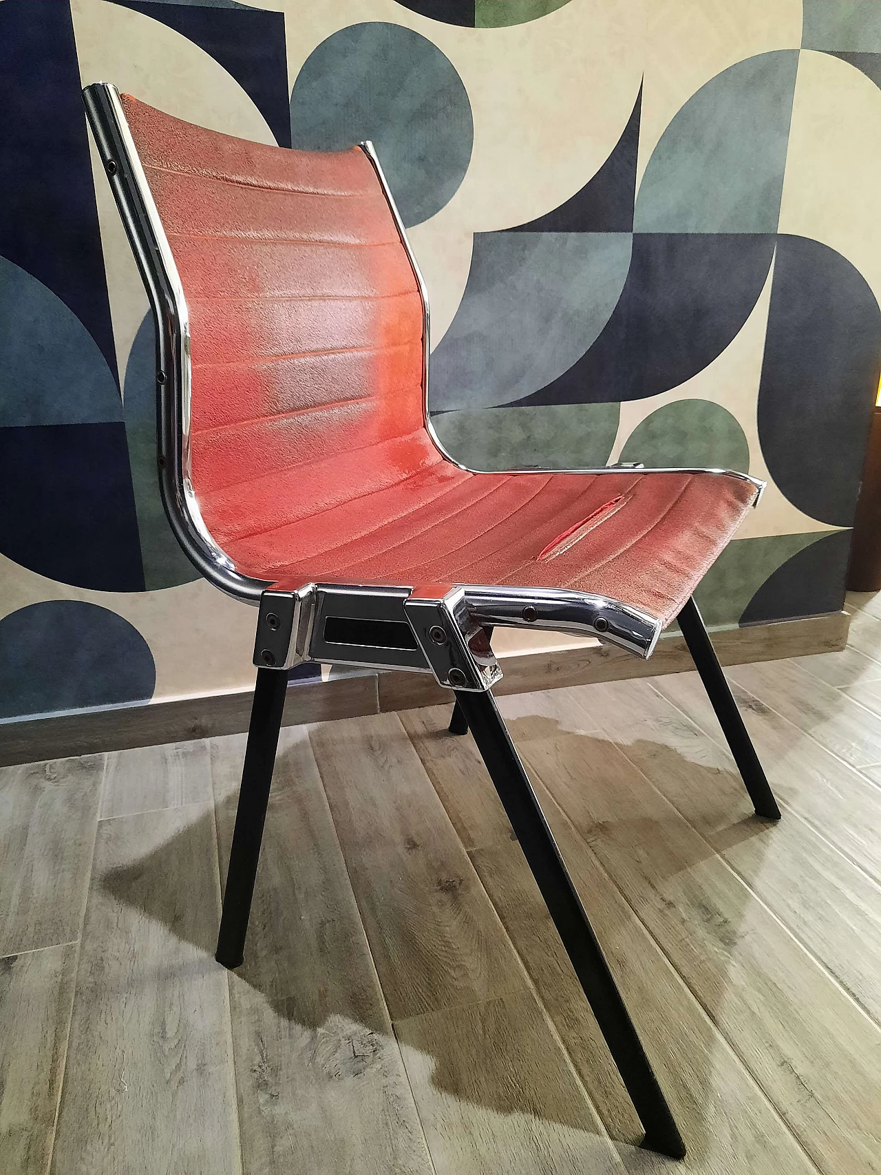 Steel and burgundy velvet chair, 1970s 2