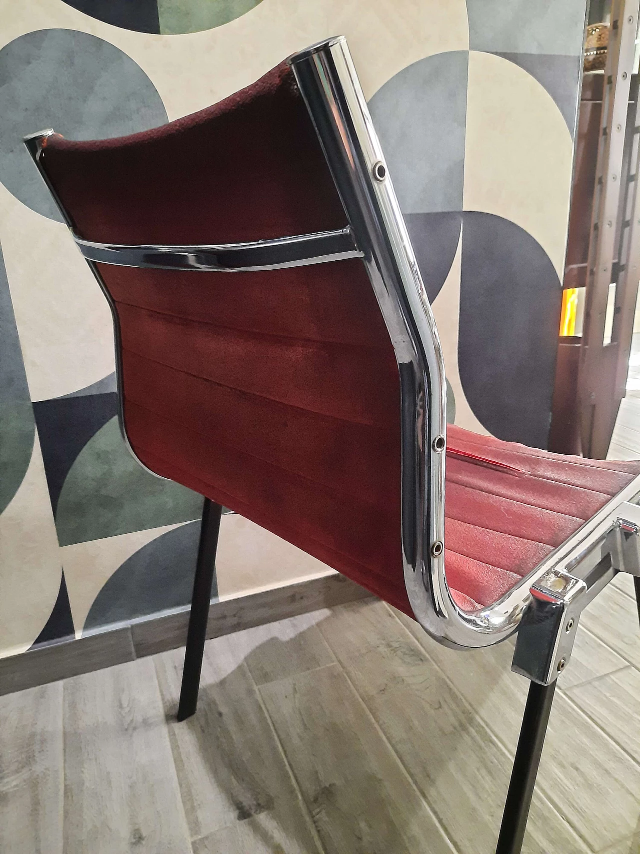 Steel and burgundy velvet chair, 1970s 4