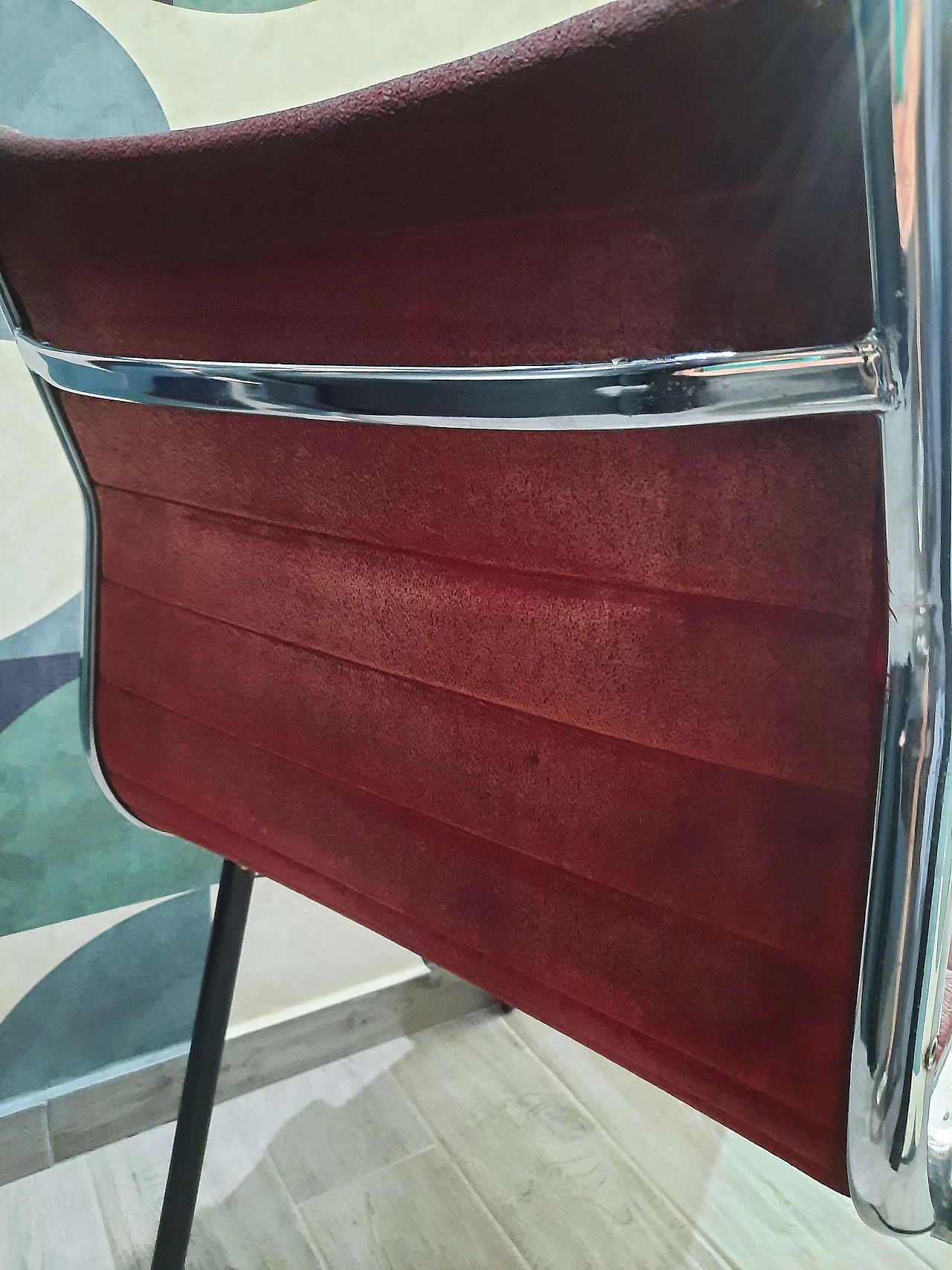 Steel and burgundy velvet chair, 1970s 5