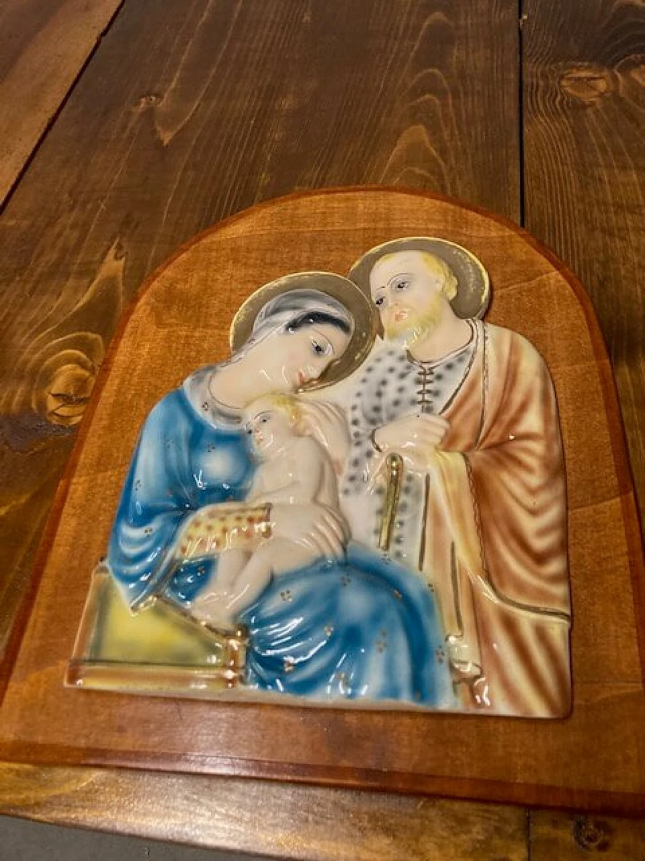 Majolica plaque with Holy Family by M.I.C.A. Sesto Fiorentino, 1940s 2