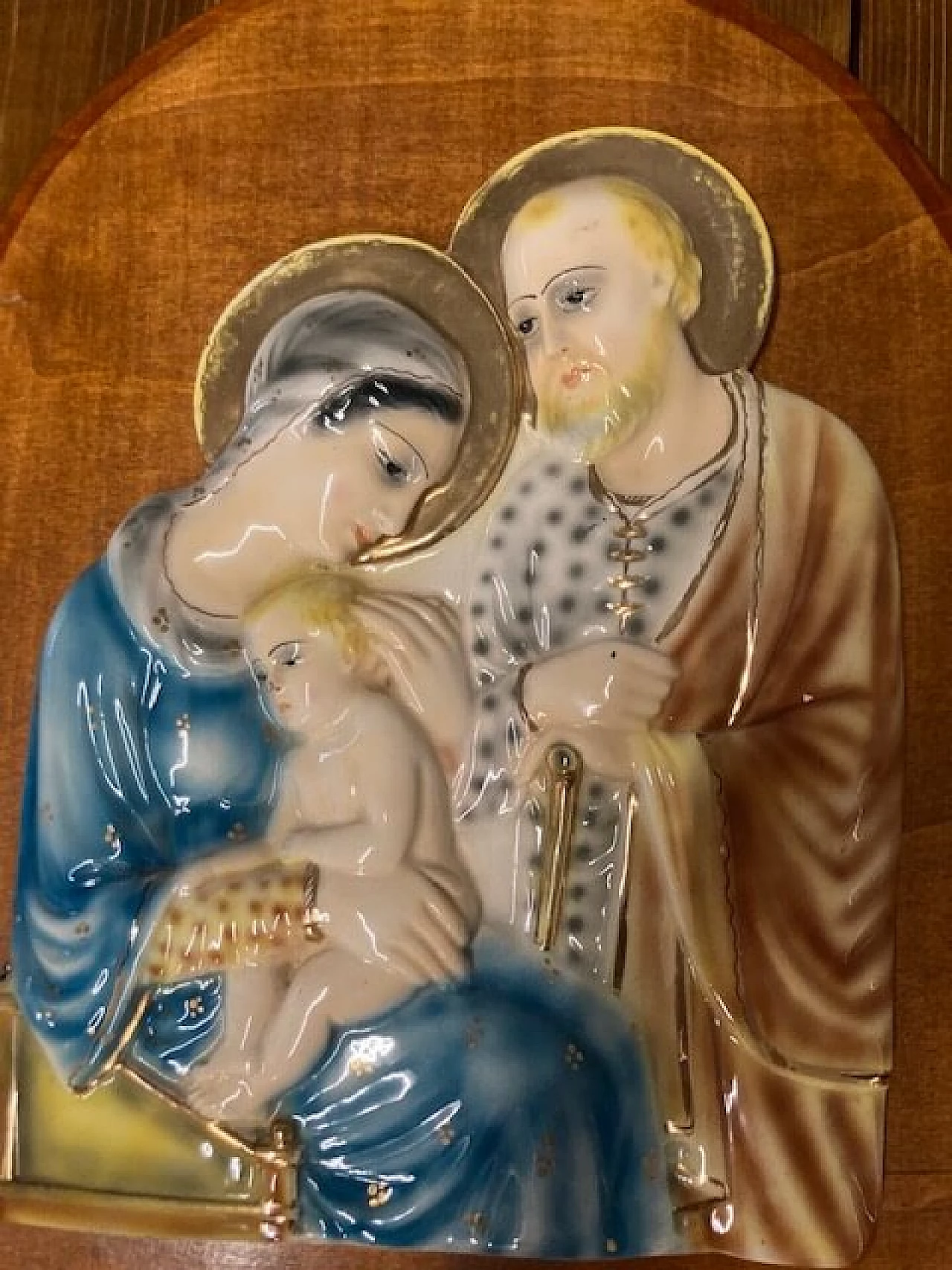 Majolica plaque with Holy Family by M.I.C.A. Sesto Fiorentino, 1940s 3