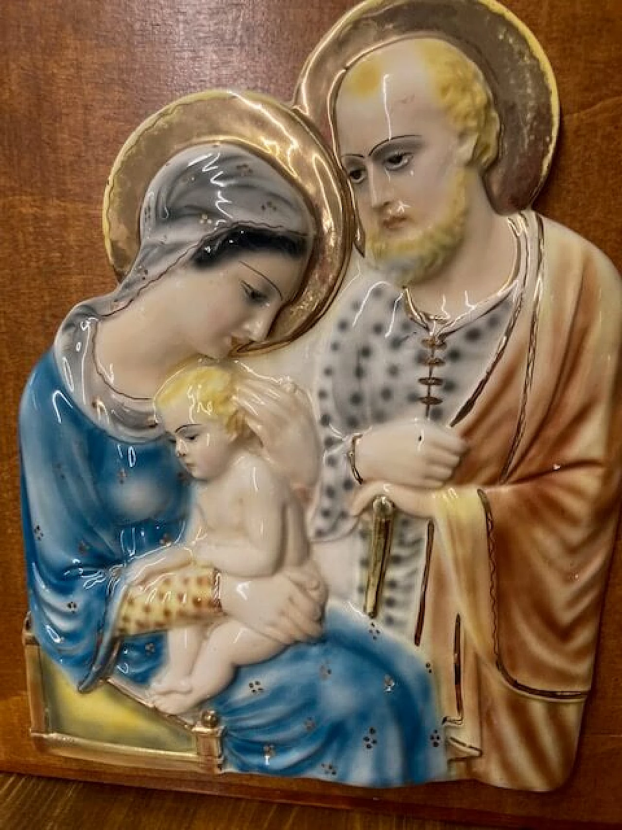 Majolica plaque with Holy Family by M.I.C.A. Sesto Fiorentino, 1940s 4