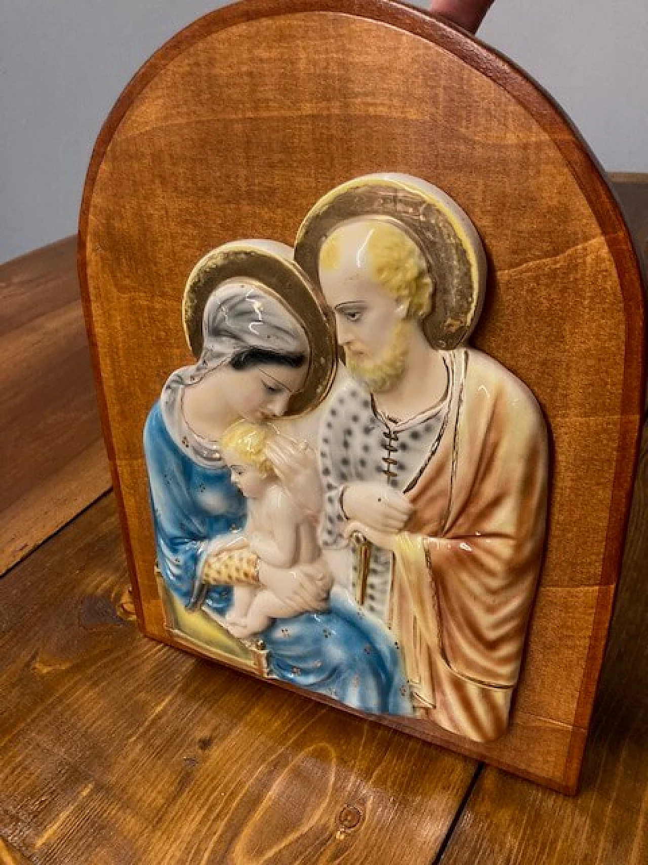 Majolica plaque with Holy Family by M.I.C.A. Sesto Fiorentino, 1940s 8