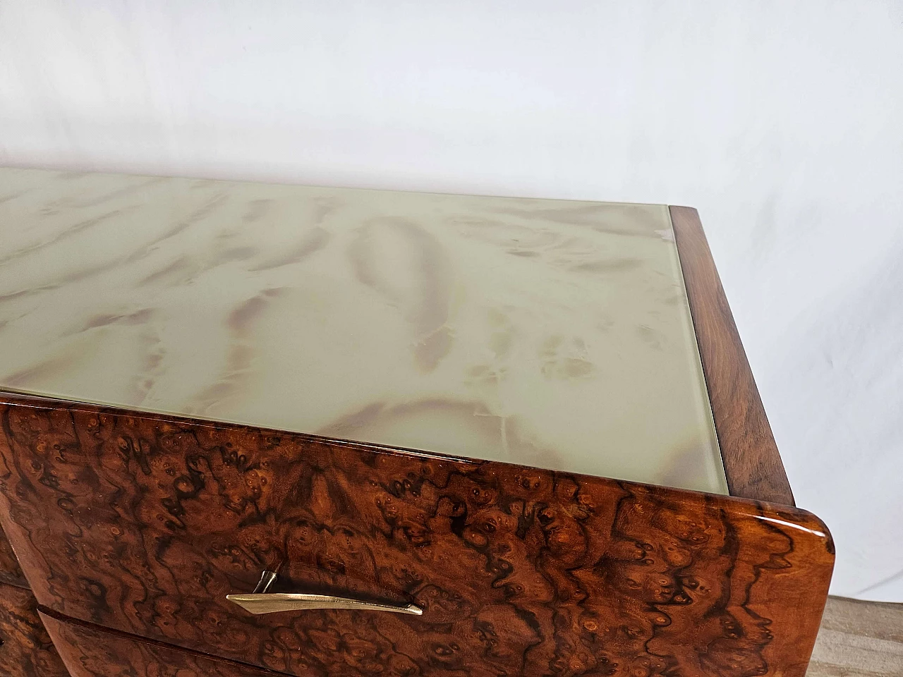 Mahogany-root chest of drawers with glass top, 1950s 5