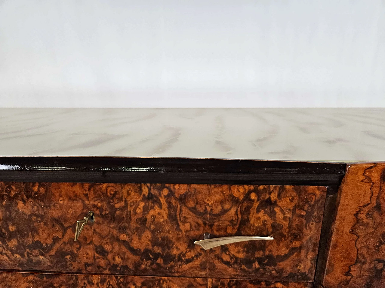 Mahogany-root chest of drawers with glass top, 1950s 6