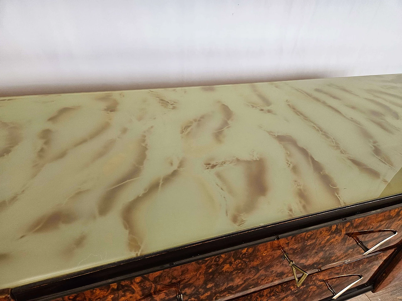 Mahogany-root chest of drawers with glass top, 1950s 9