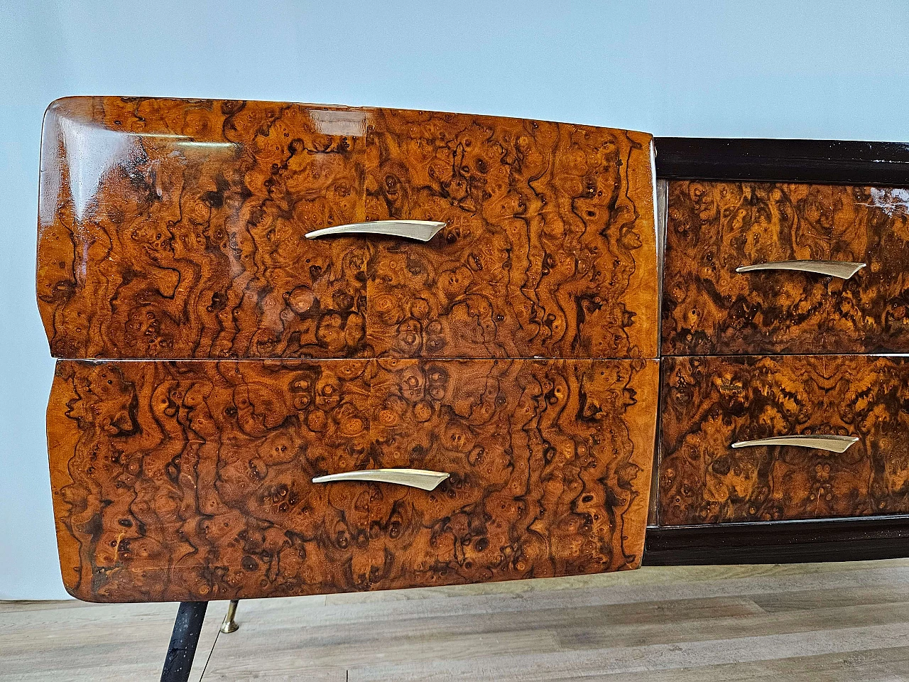 Mahogany-root chest of drawers with glass top, 1950s 11