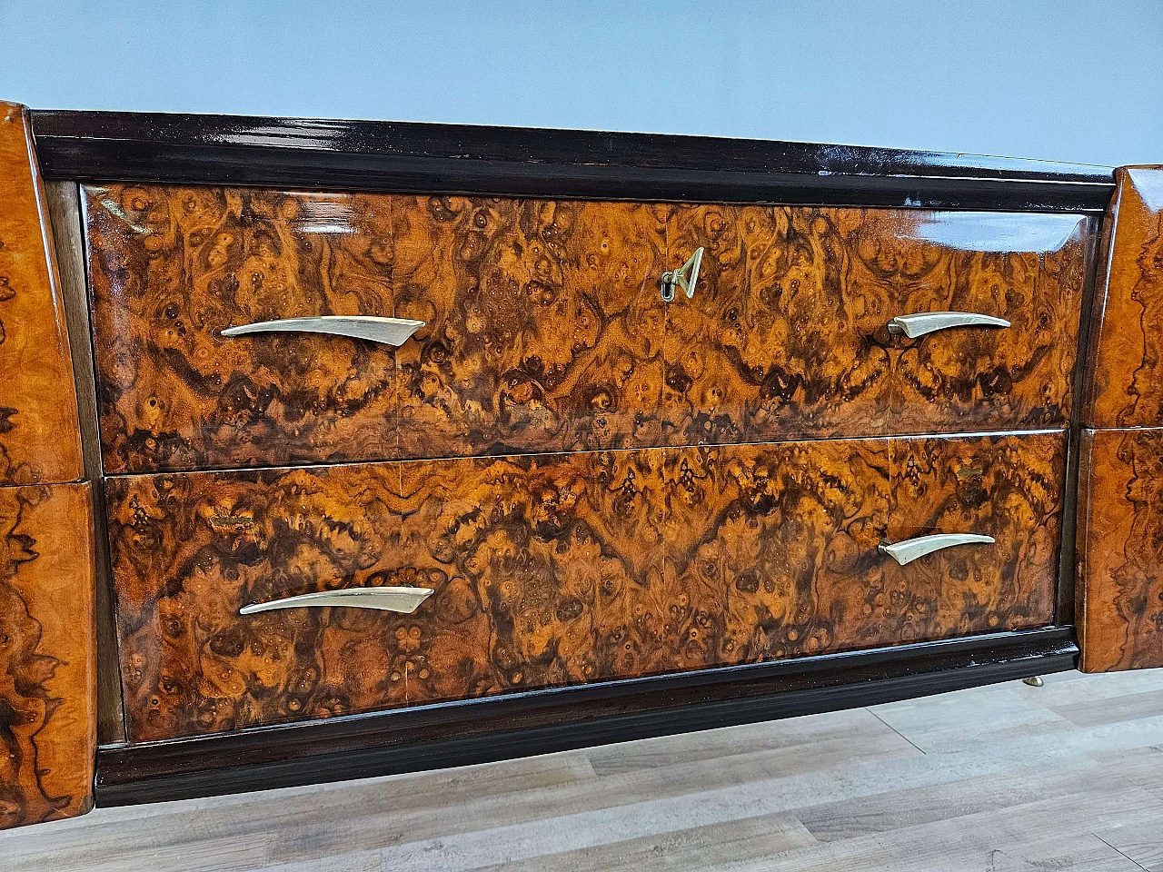 Mahogany-root chest of drawers with glass top, 1950s 14