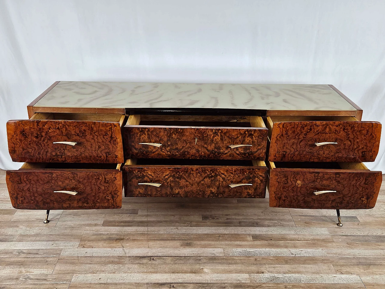 Mahogany-root chest of drawers with glass top, 1950s 16