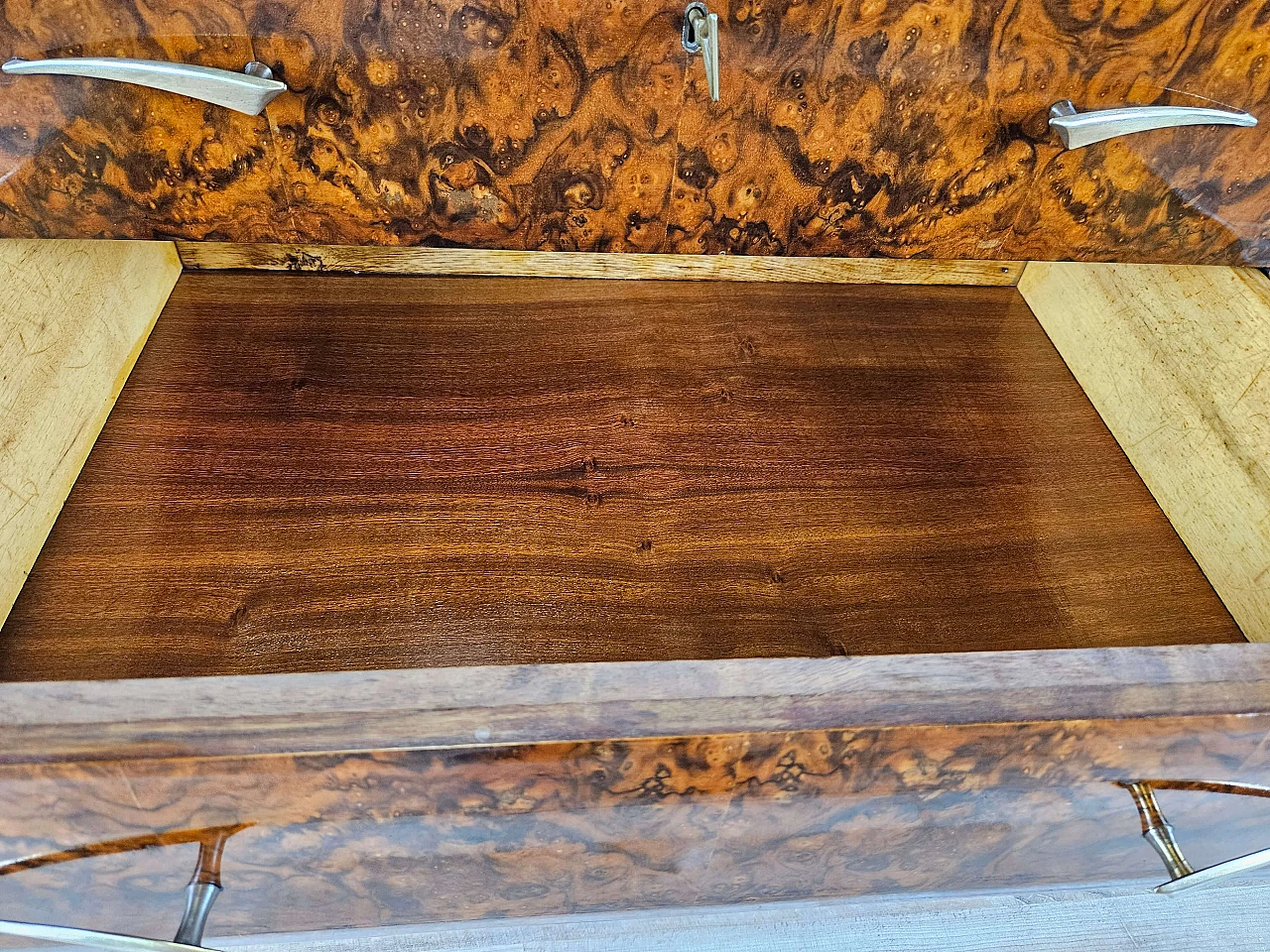Mahogany-root chest of drawers with glass top, 1950s 24