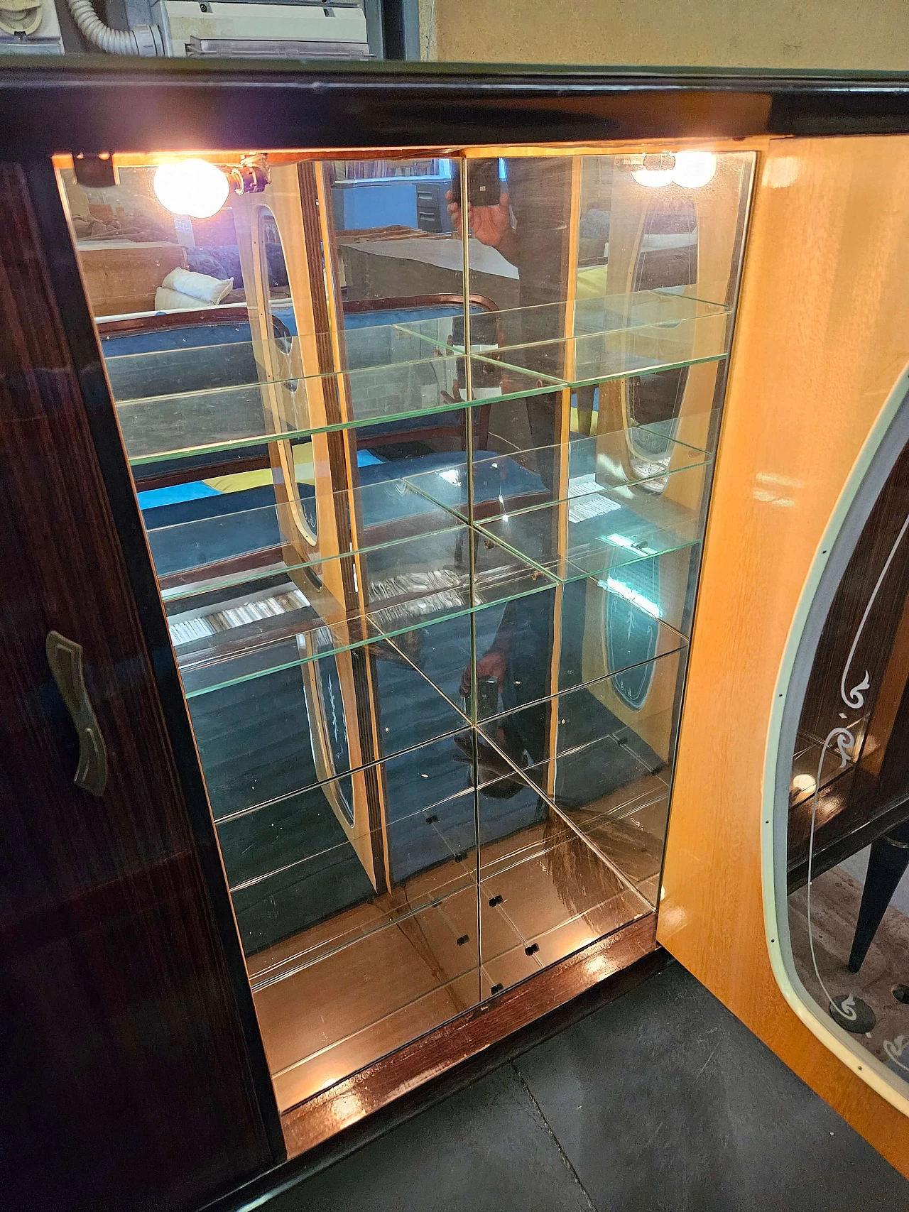 Wood backlit glass cabinet with glass top, 1960s 44