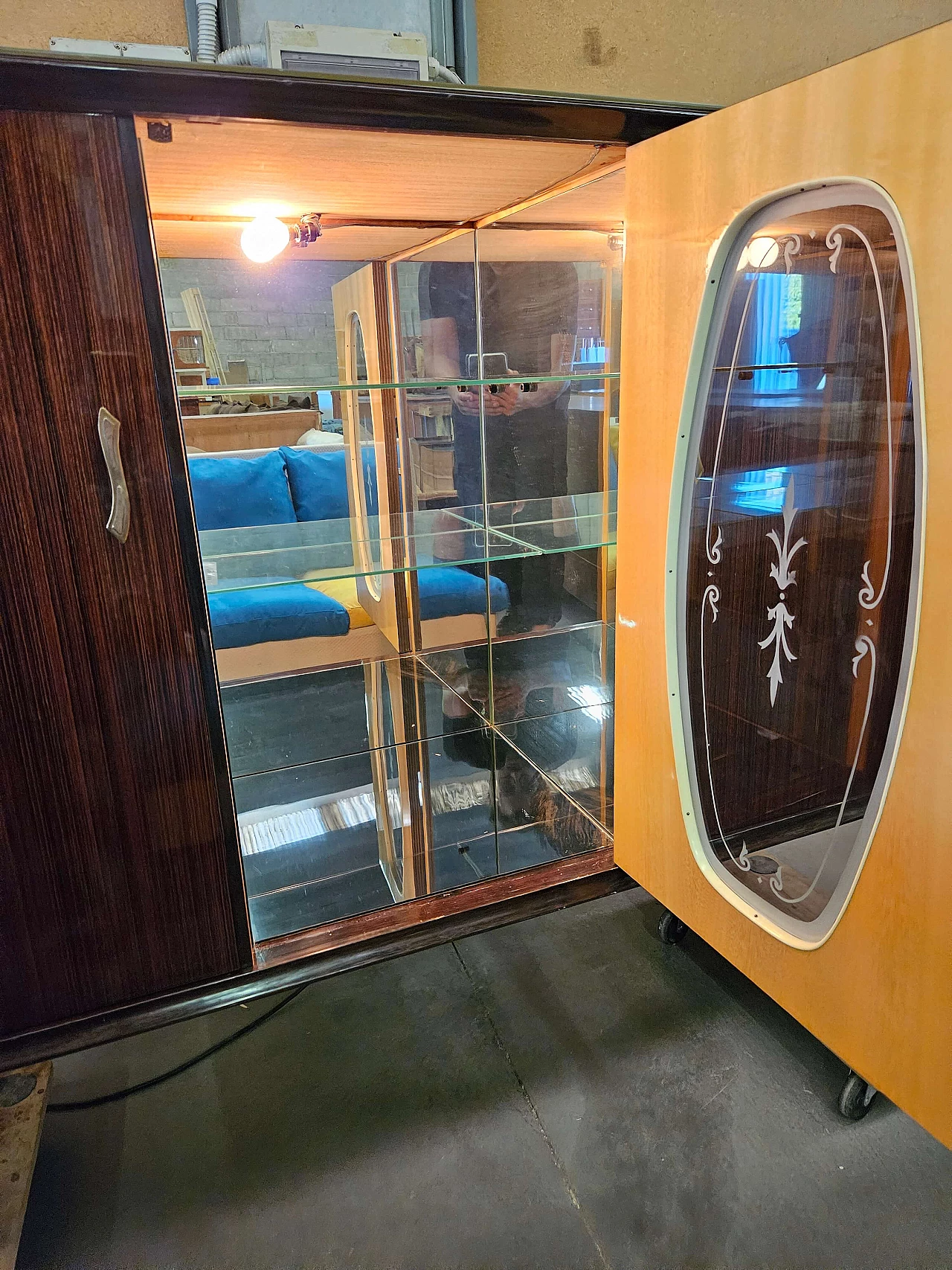 Wood backlit glass cabinet with glass top, 1960s 45