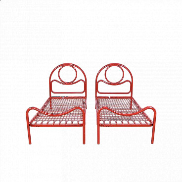 Pair of red enamelled iron single beds, 1970s