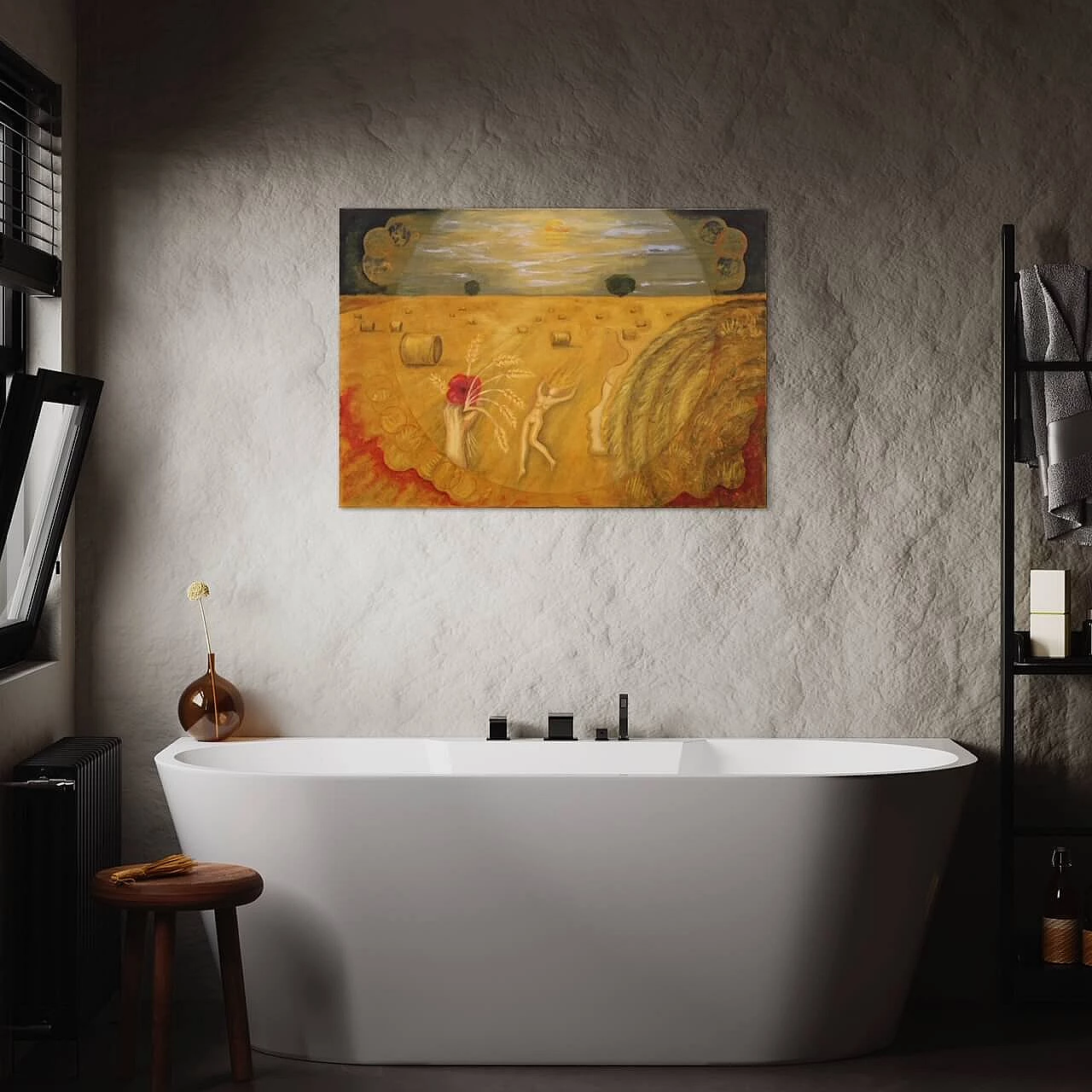 Alain Caduret, wheat field and female nude, oil painting on canvas, 1980 4