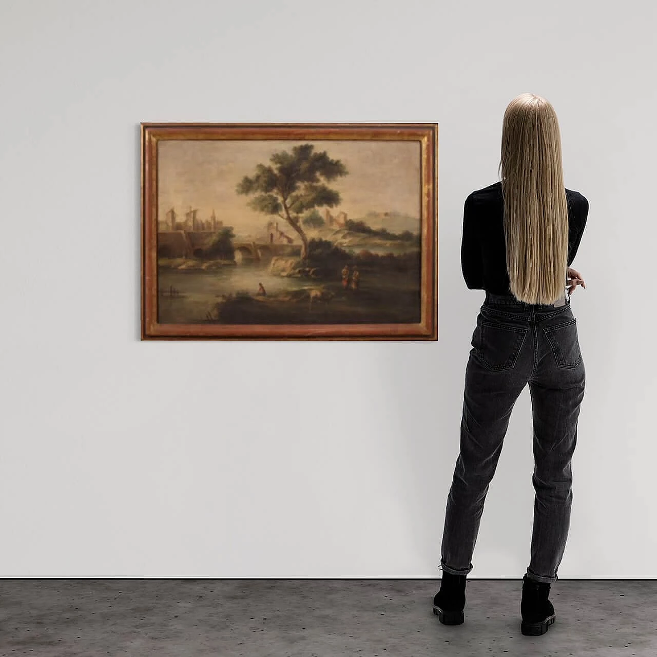 Paesaggio fluviale con personaggi e architetture, dipinto a olio su tela 1