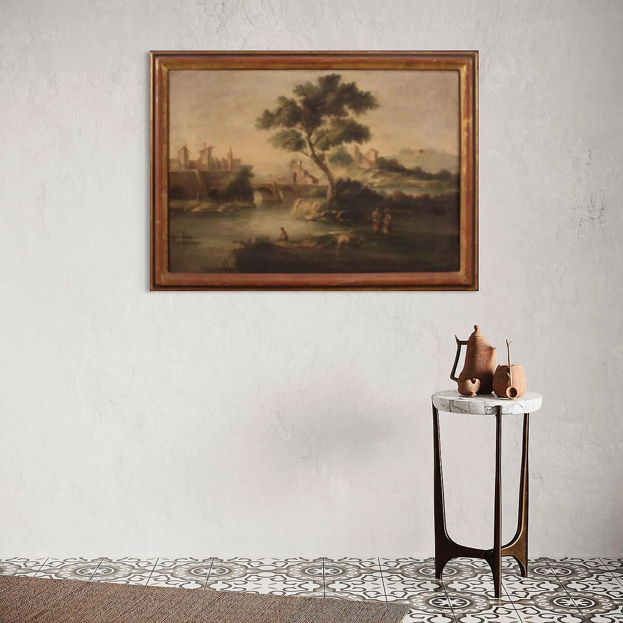 Paesaggio fluviale con personaggi e architetture, dipinto a olio su tela 2