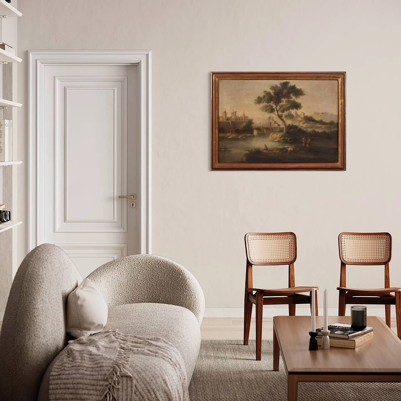 Paesaggio fluviale con personaggi e architetture, dipinto a olio su tela 4