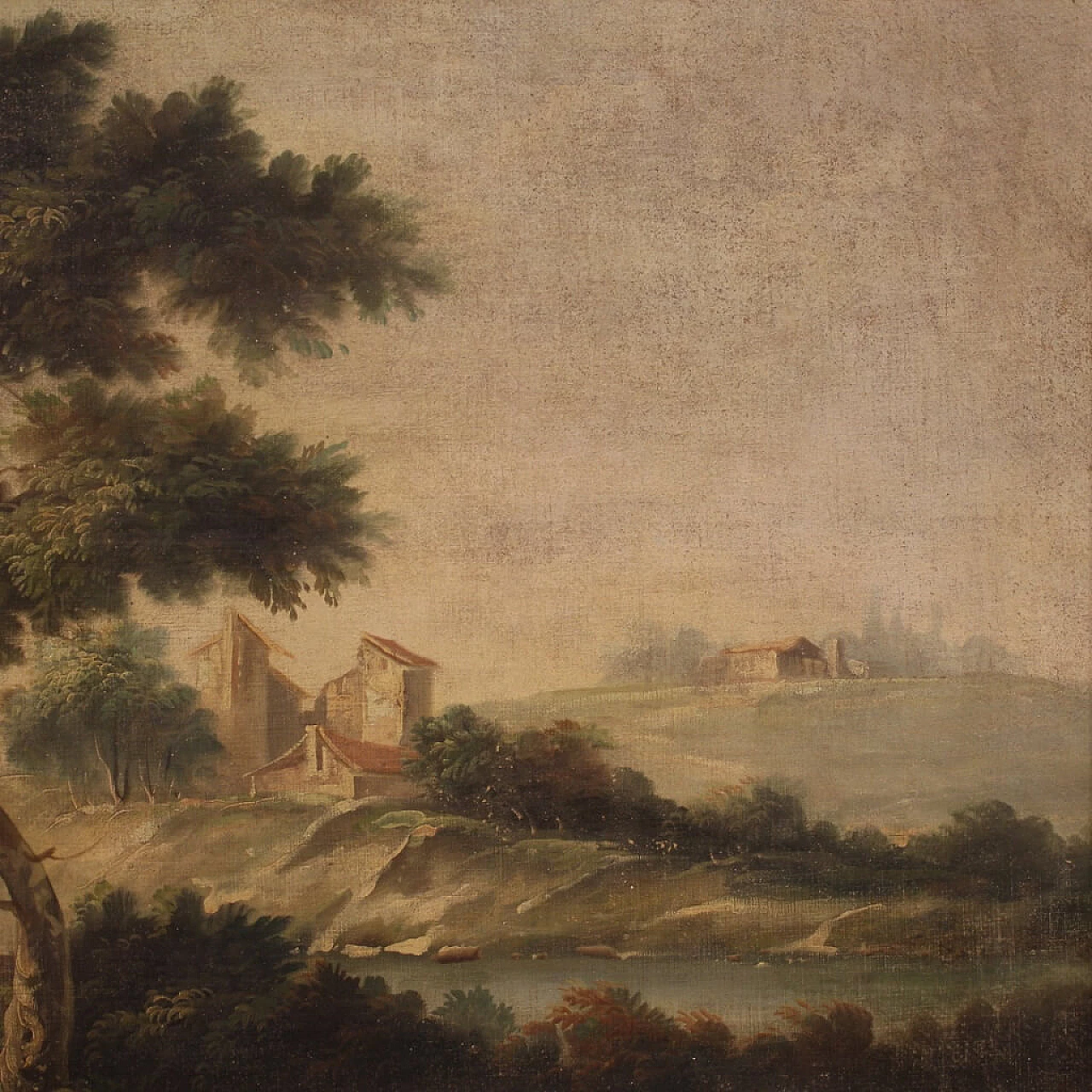 Paesaggio fluviale con personaggi e architetture, dipinto a olio su tela 15