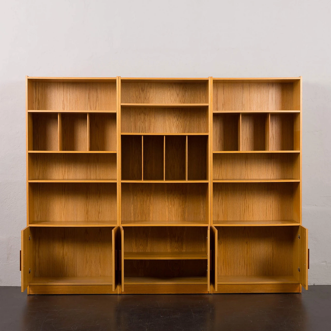3-module oak bookcase with vinyl record shelves by Ib Kofod Larsen for Faarup, 1980s 5