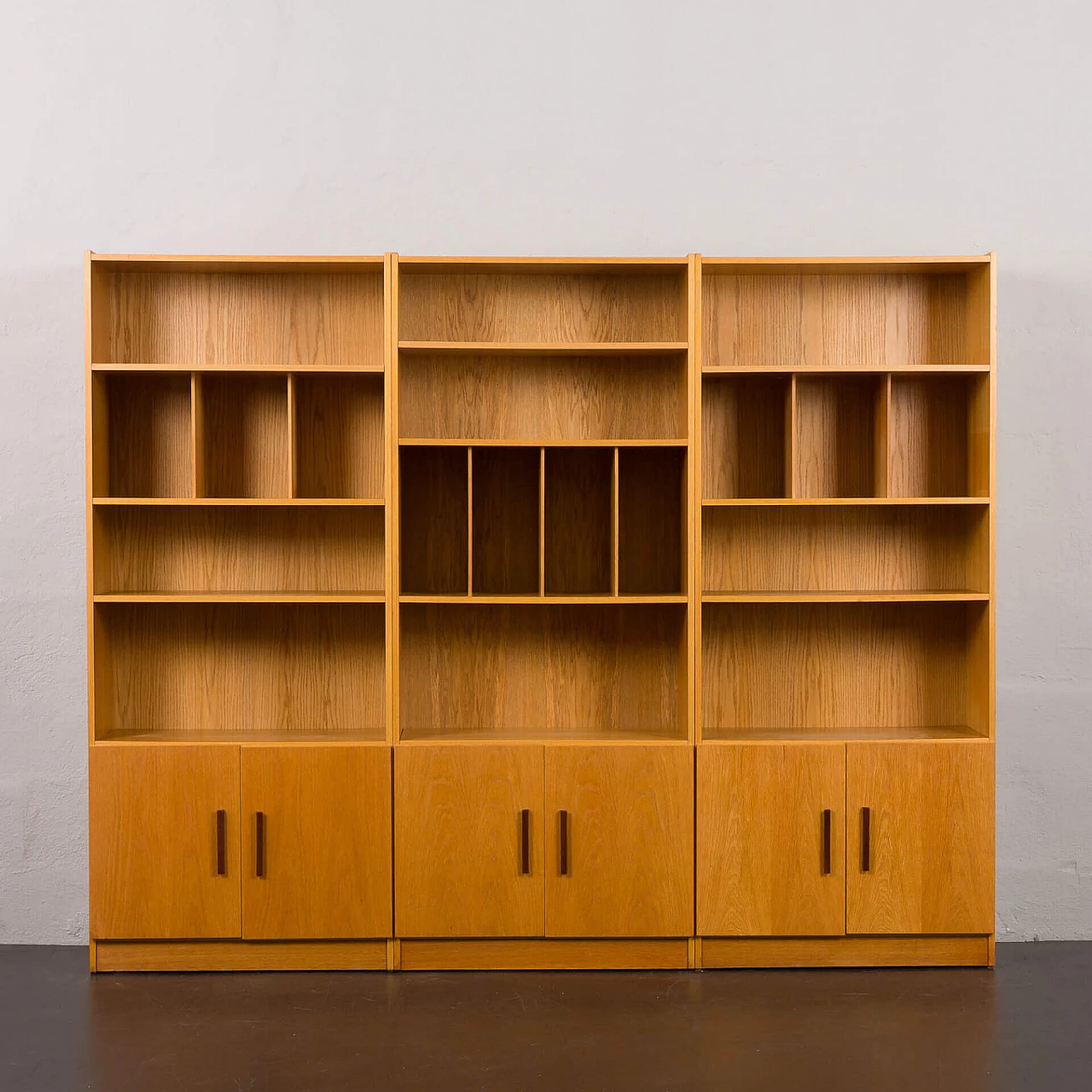 3-module oak bookcase with vinyl record shelves by Ib Kofod Larsen for Faarup, 1980s 6