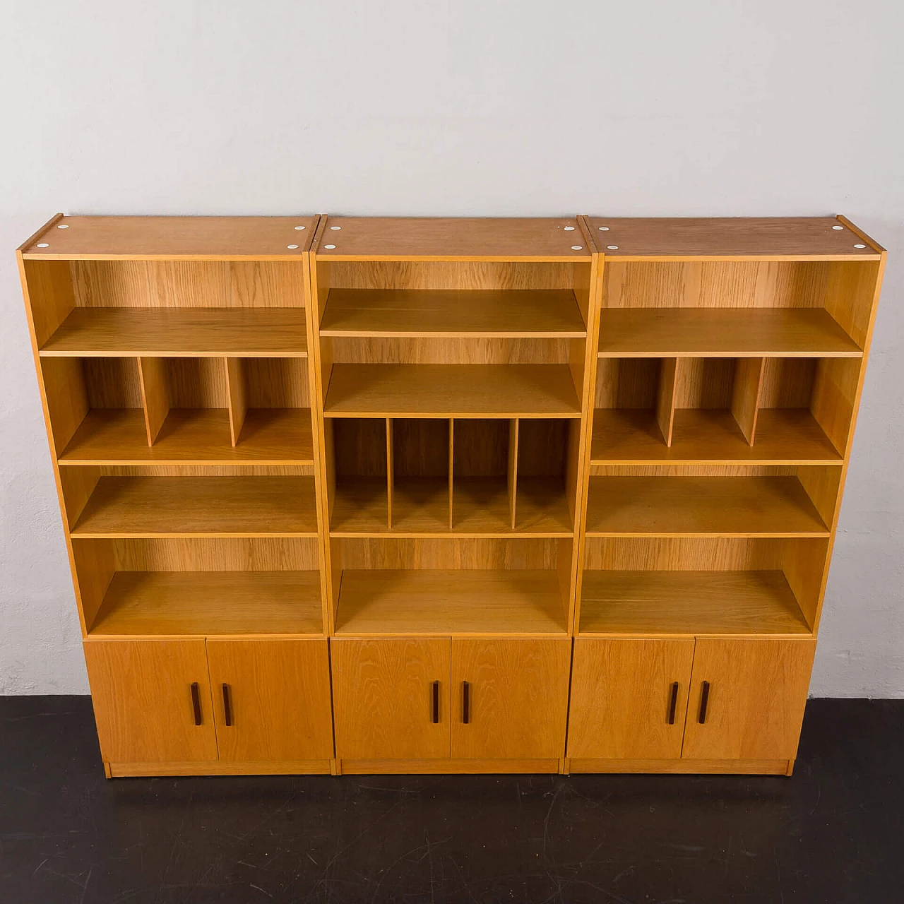 3-module oak bookcase with vinyl record shelves by Ib Kofod Larsen for Faarup, 1980s 12