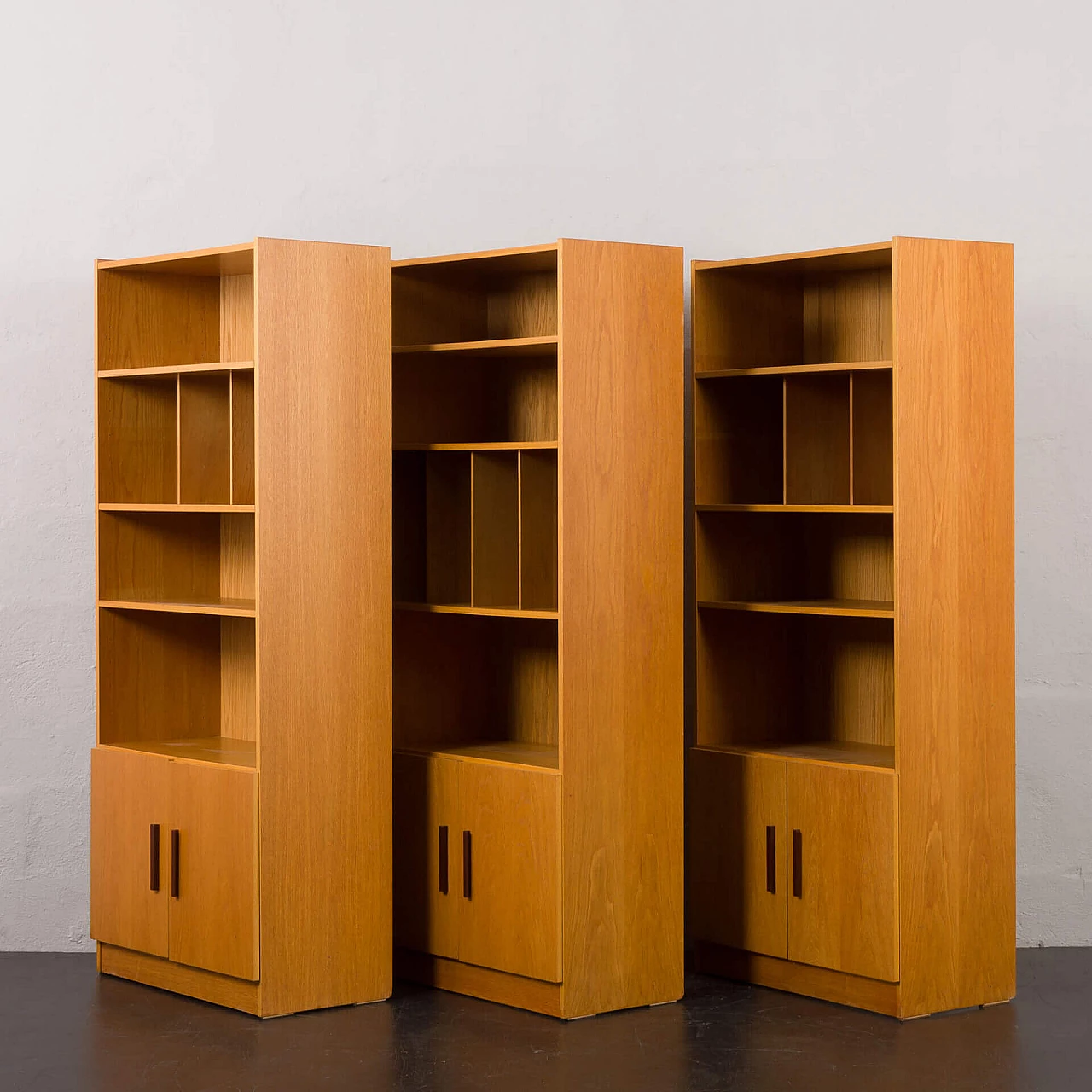 3-module oak bookcase with vinyl record shelves by Ib Kofod Larsen for Faarup, 1980s 13