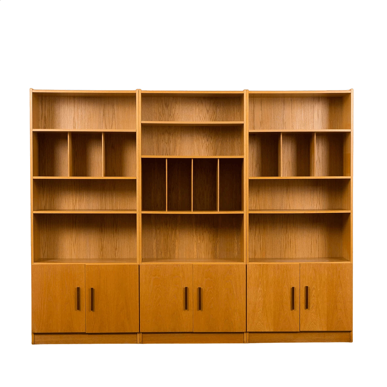 3-module oak bookcase with vinyl record shelves by Ib Kofod Larsen for Faarup, 1980s 15