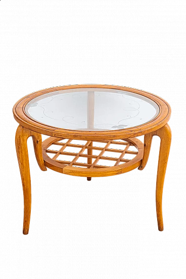 Tavolino rotondo in faggio e vetro nello stile di Gio Ponti, anni '50