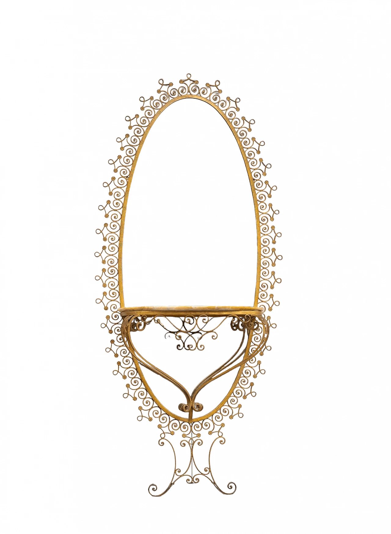 Specchio con consolle in ferro battuto dorato di Pier Luigi Colli, anni '50 10