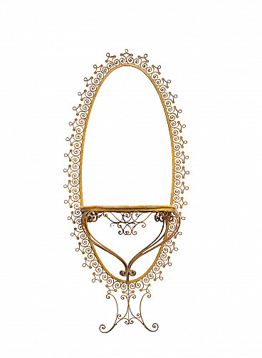 Specchio con consolle in ferro battuto dorato di Pier Luigi Colli, anni '50