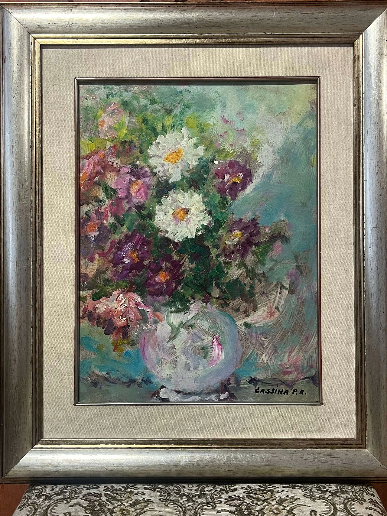 Pietro Augusto Cassina, vaso di fiori, dipinto a olio su masonite, anni '70 1
