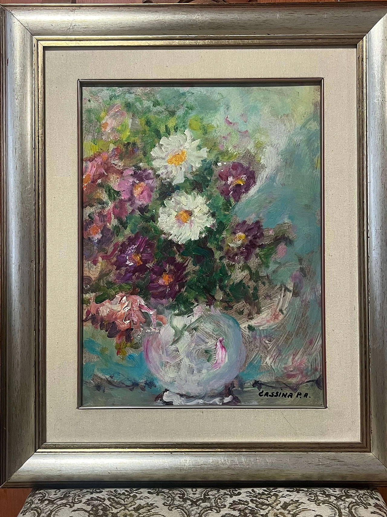 Pietro Augusto Cassina, vaso di fiori, dipinto a olio su masonite, anni '70 2