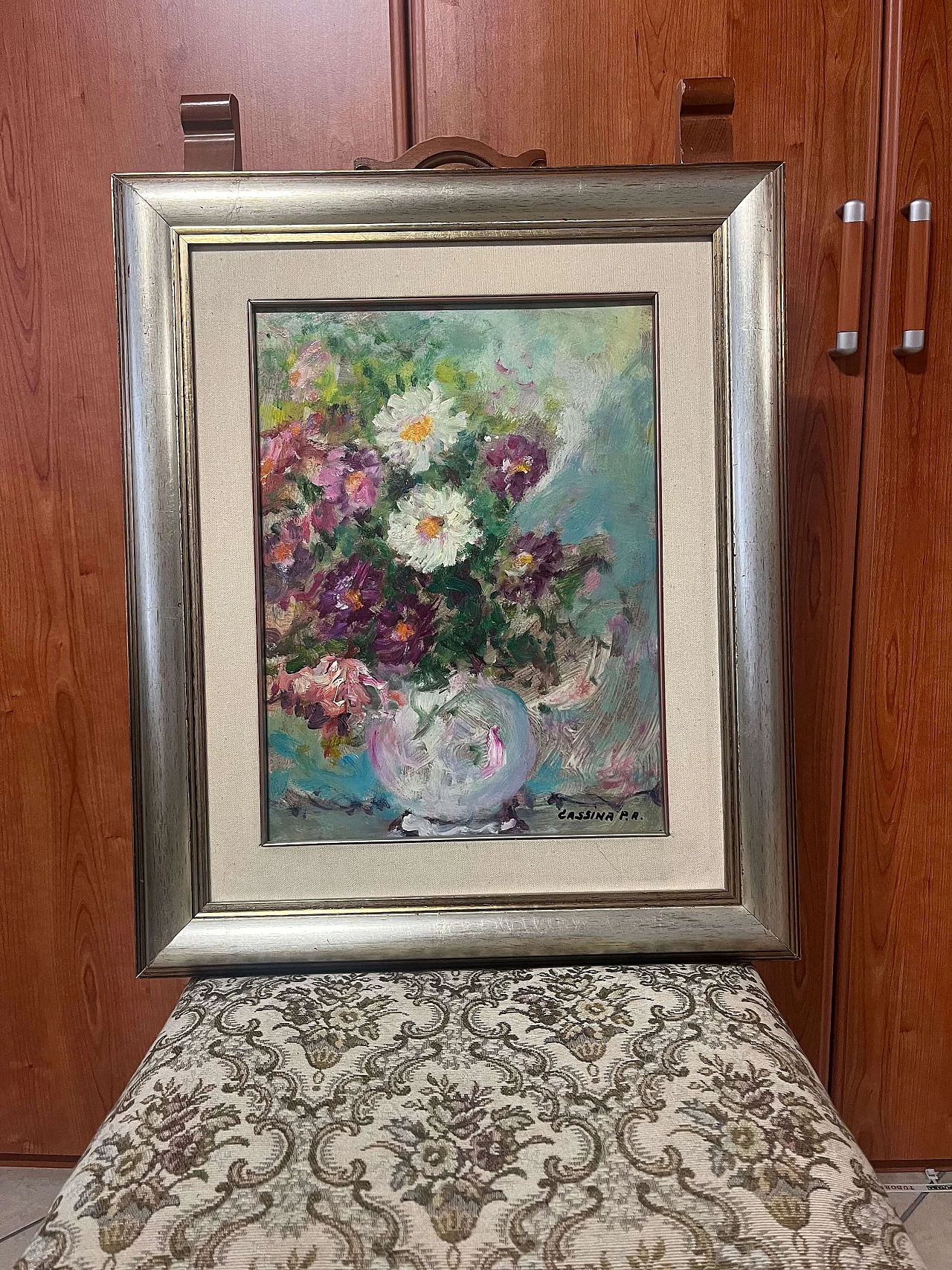 Pietro Augusto Cassina, vaso di fiori, dipinto a olio su masonite, anni '70 5
