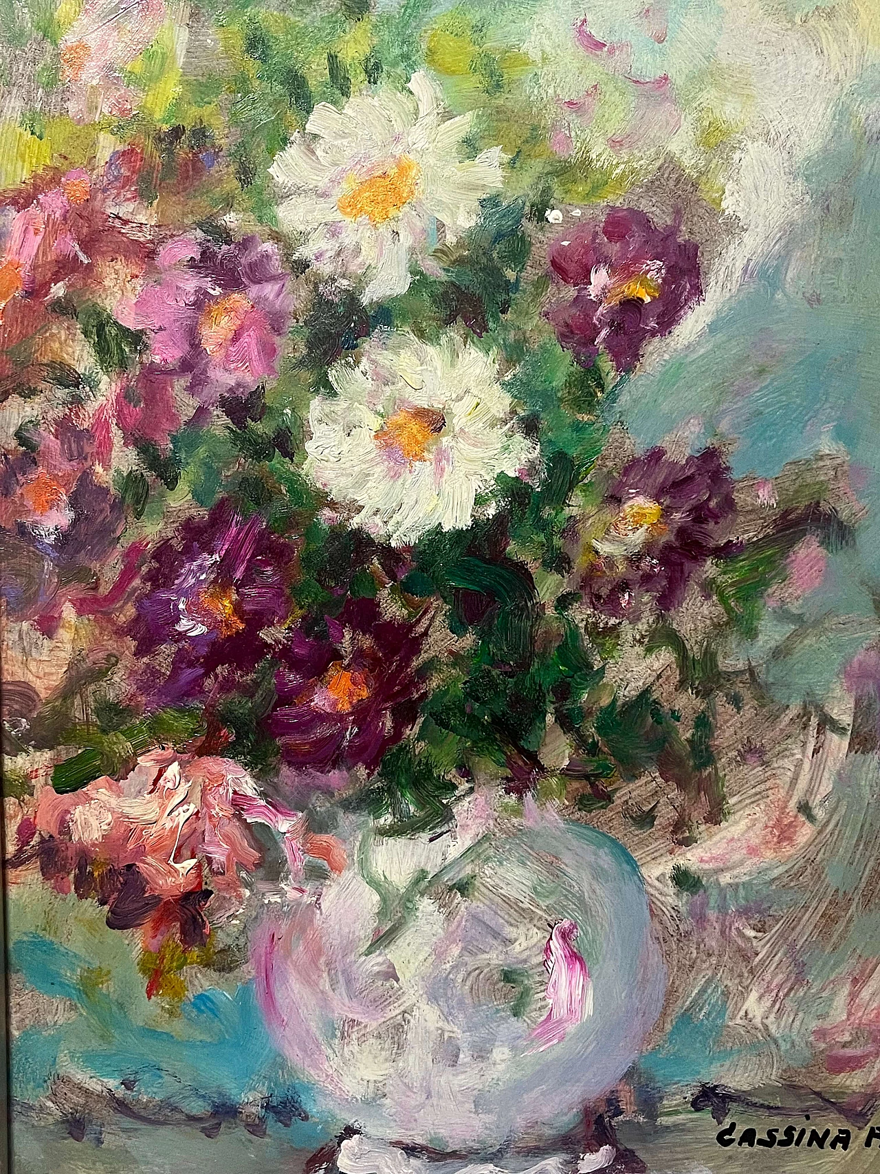 Pietro Augusto Cassina, vaso di fiori, dipinto a olio su masonite, anni '70 6