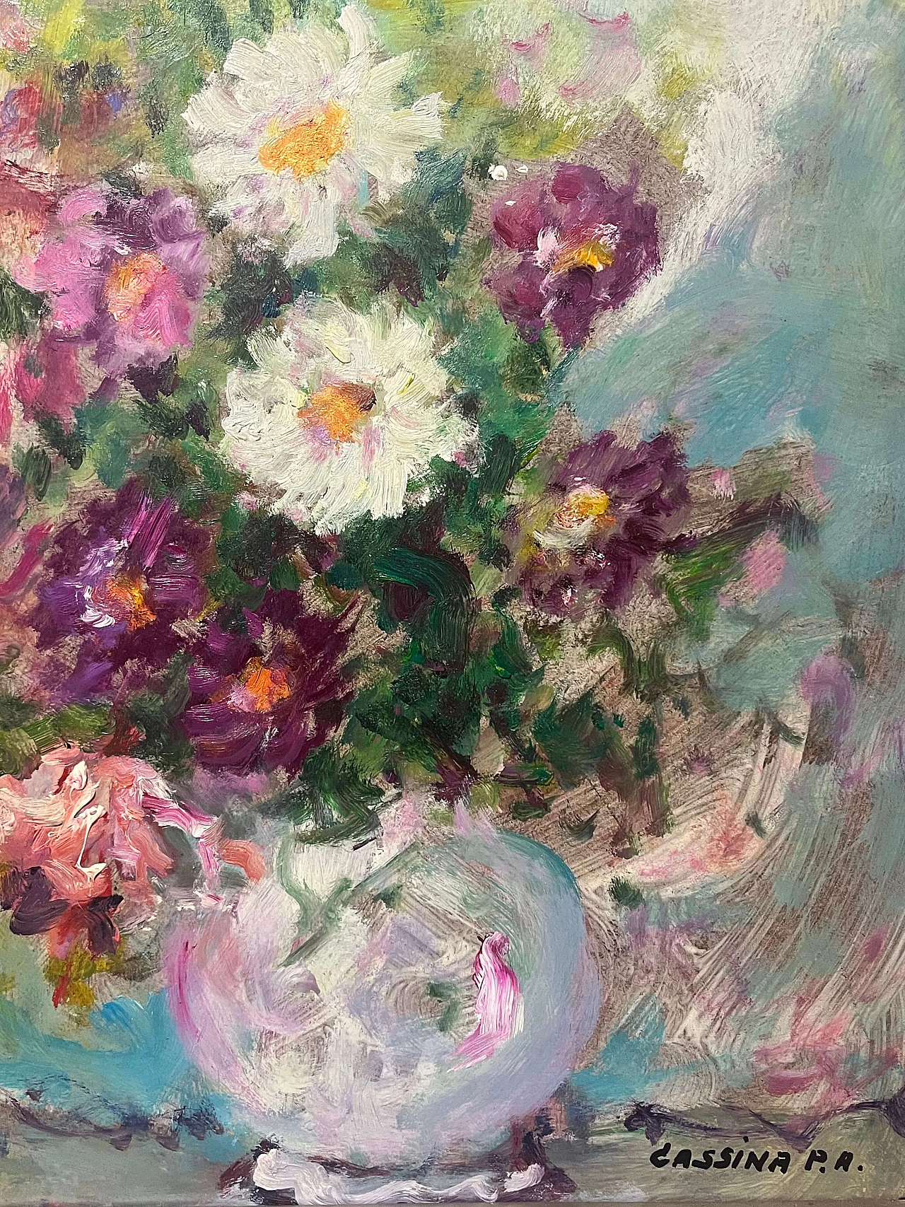 Pietro Augusto Cassina, vaso di fiori, dipinto a olio su masonite, anni '70 7