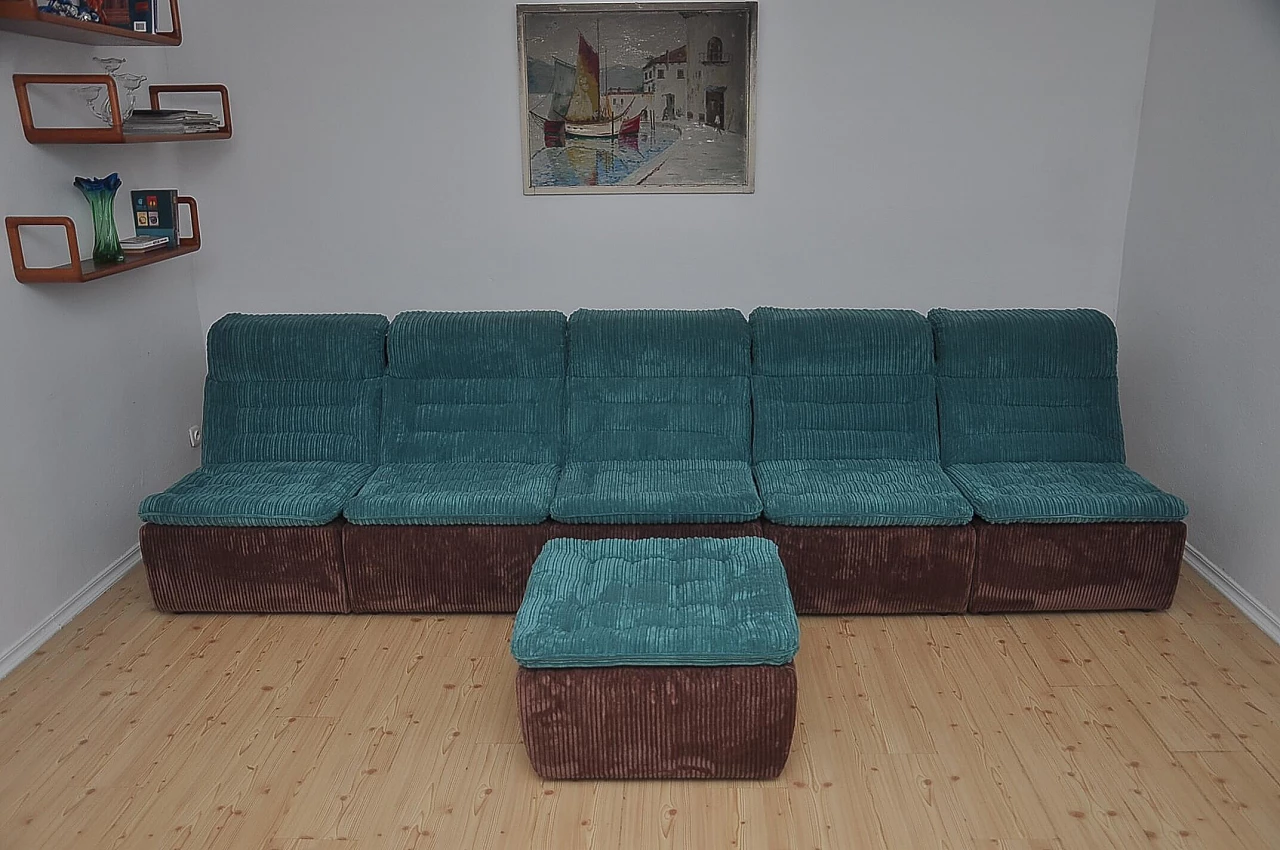 Modular sofa and ottoman in brown and turquoise corduroy, 1970s 1