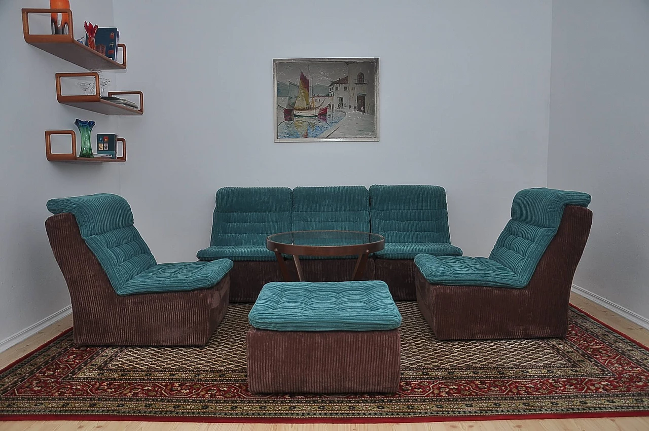 Modular sofa and ottoman in brown and turquoise corduroy, 1970s 2
