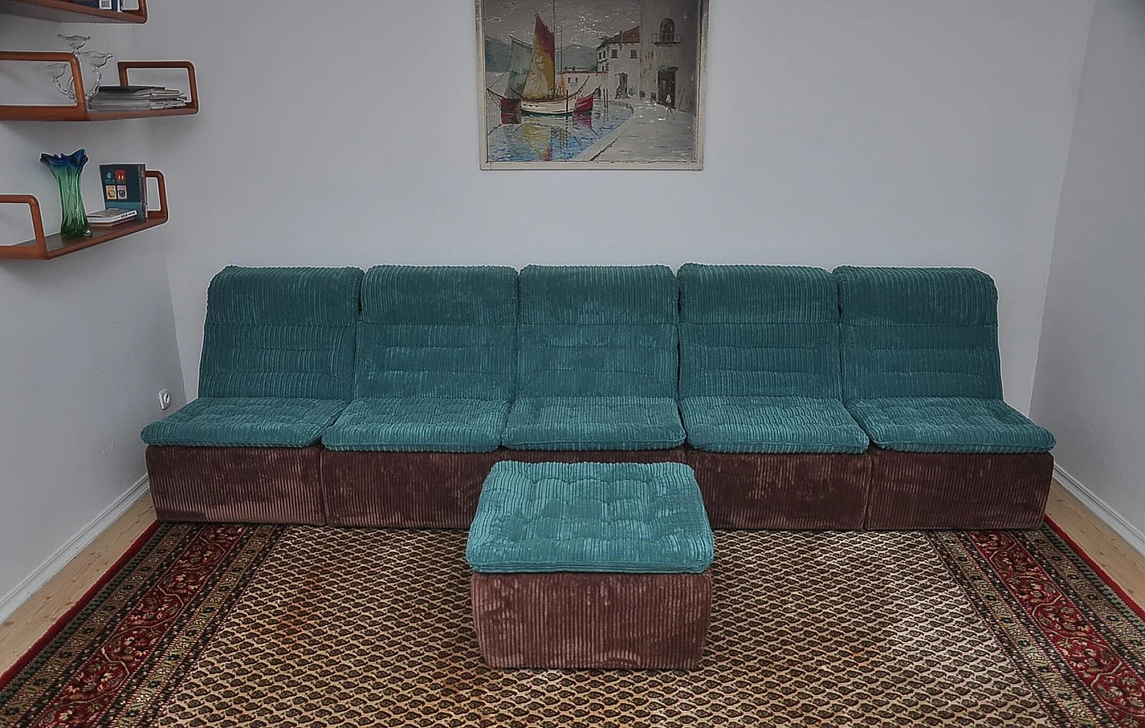 Modular sofa and ottoman in brown and turquoise corduroy, 1970s 3