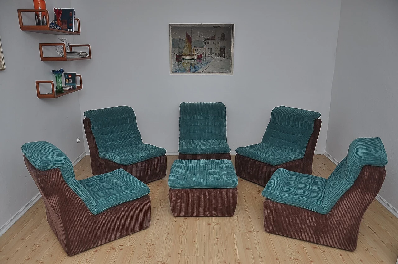 Modular sofa and ottoman in brown and turquoise corduroy, 1970s 4
